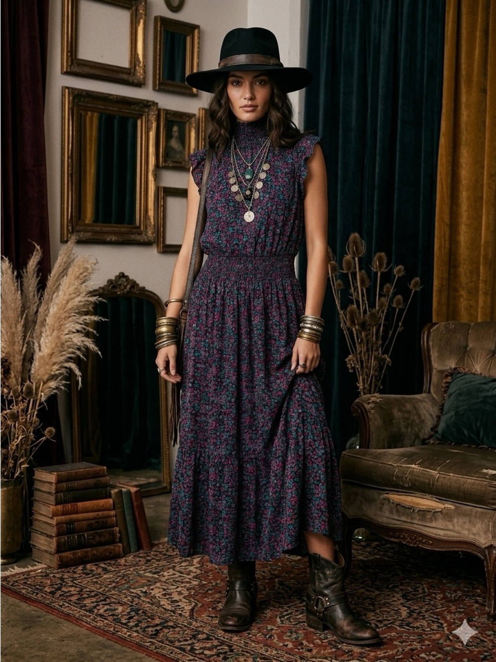 Dark Boho Cottagecore Whimsigoth Romantic Black & Purple Floral Maxi Dress